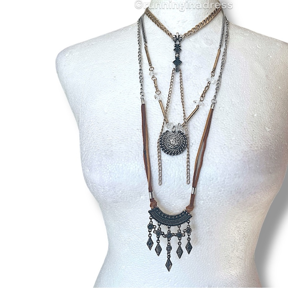 NWT Free People Can't Stand The Rain Layered Necklace Gold Silver & Brown Suede - Picture 5 of 13